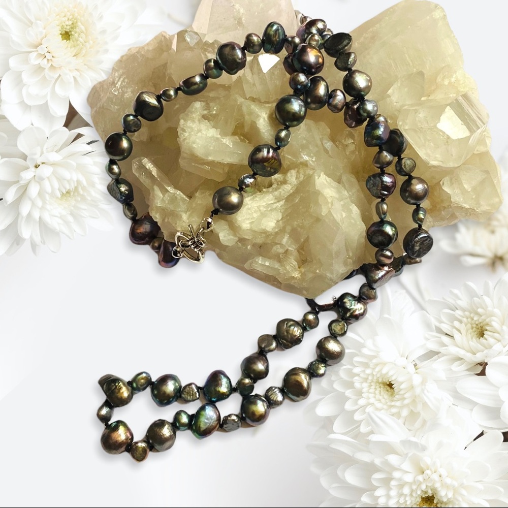 Hand Crafted Pearls Freshwater Necklace Silver Peacock Long Hand Knotted Silk - Picture 6 of 8